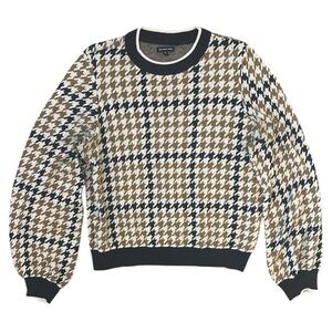 WHO WHAT WEAR Houndstooth Sweater Black Ochre Brown Modern Retro Crewneck XL
